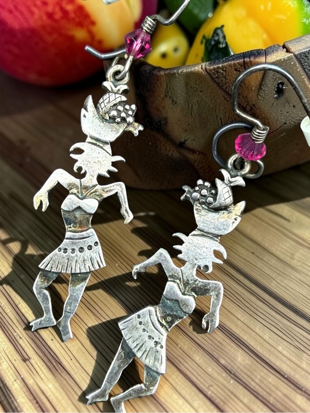 Vtg 925 Sterling Silver Carmen Miranda Dancing Woman Dangle Earrings Fruit Hula